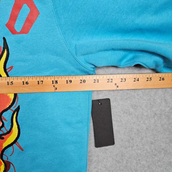 Ed Hardy Hoodie Mens Medium Baby Blue Pullover Flaming Skull Tattoo Fire - Picture 4 of 7
